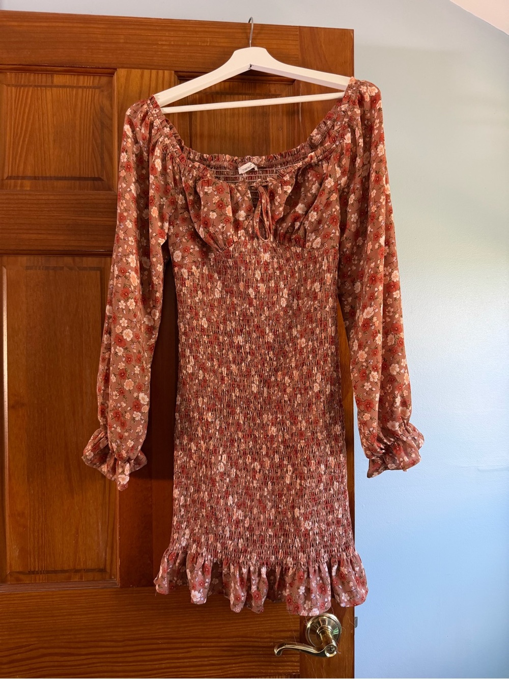 Smocked Floral Long-Sleeve Dress in Rust - Women